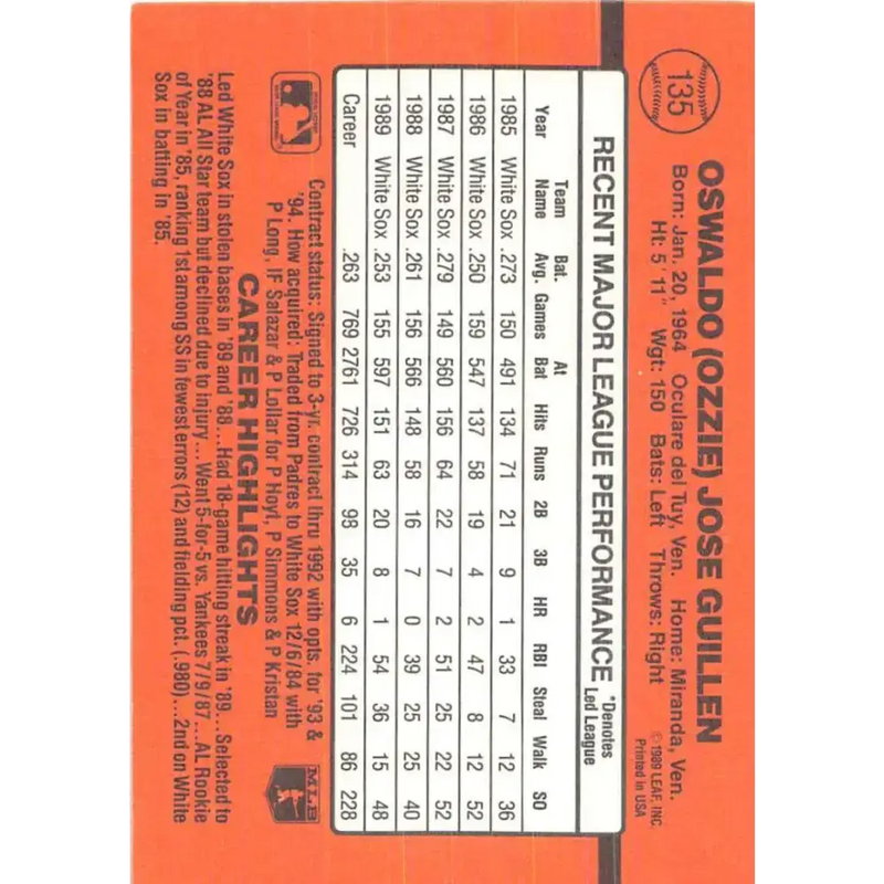 1990 Donruss #135 Ozzie Guillen VG-EX Chicago White Sox Baseball Card - Baseball Card Single