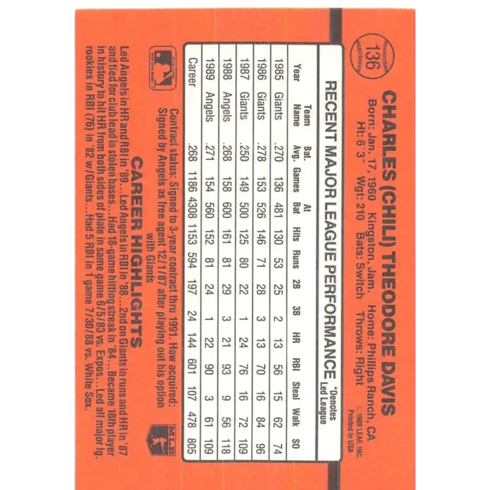 1990 Donruss #136 Chili Davis VG-EX California Angels Baseball Card - Baseball Card Single
