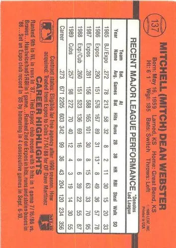 1990 Donruss #137 Mitch Webster NM Near Mint Cubs - Baseball Card Single