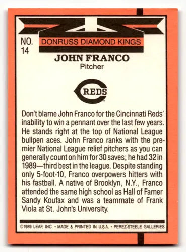 John Franco baseball card with original gloss from 1990 Donruss Rex Reds DK