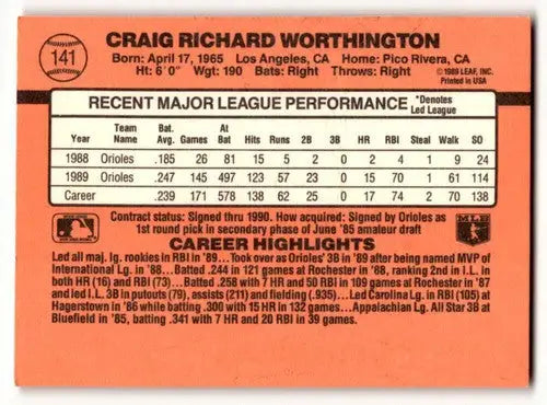 1990 Donruss #141 Craig Worthington Baltimore Orioles Baseball Cards ID:57591 - Baseball Card Single