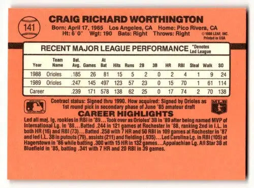 1990 Donruss #141 Craig Worthington Baltimore Orioles Baseball Cards ID:57592 - Baseball Card Single