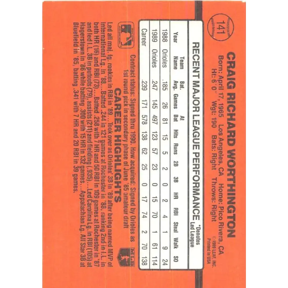 1990 Donruss #141 Craig Worthington VG-EX Baltimore Orioles Baseball Card - Baseball Card Single