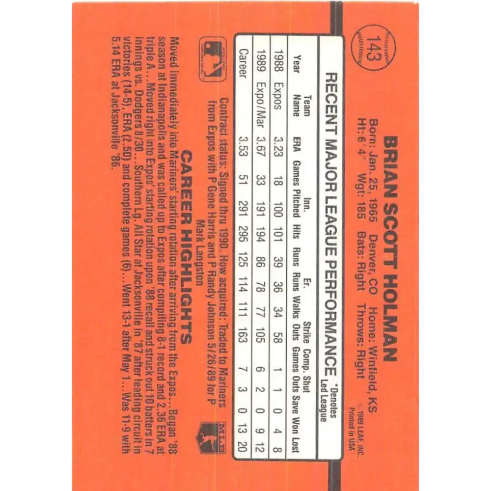 1990 Donruss #143 Brian Holman VG-EX Seattle Mariners Baseball Card - Baseball Card Single