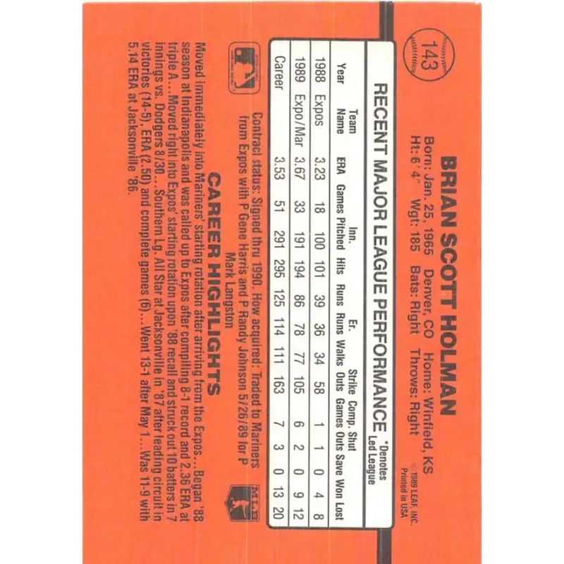 1990 Donruss #143 Brian Holman VG-EX Seattle Mariners Baseball Card - Baseball Card Single