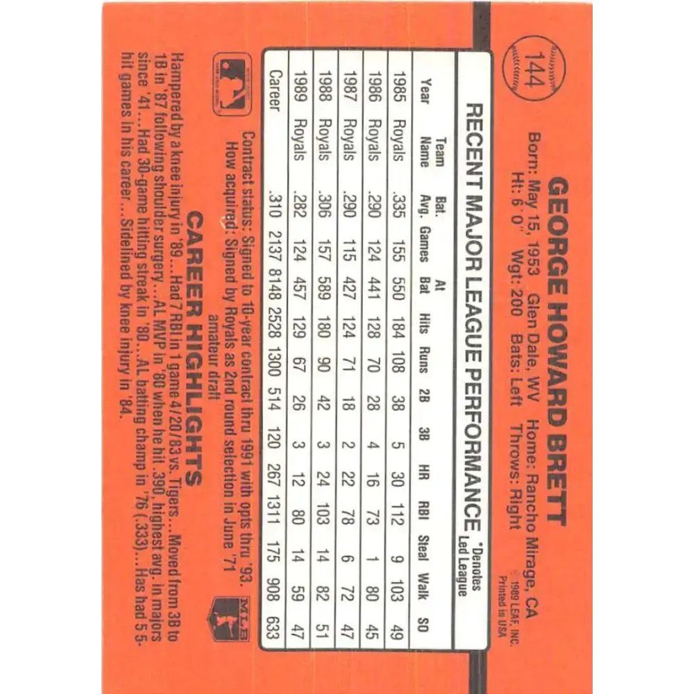 1990 Donruss #144 George Brett VG-EX Kansas City Royals Baseball Card - Baseball Card Single