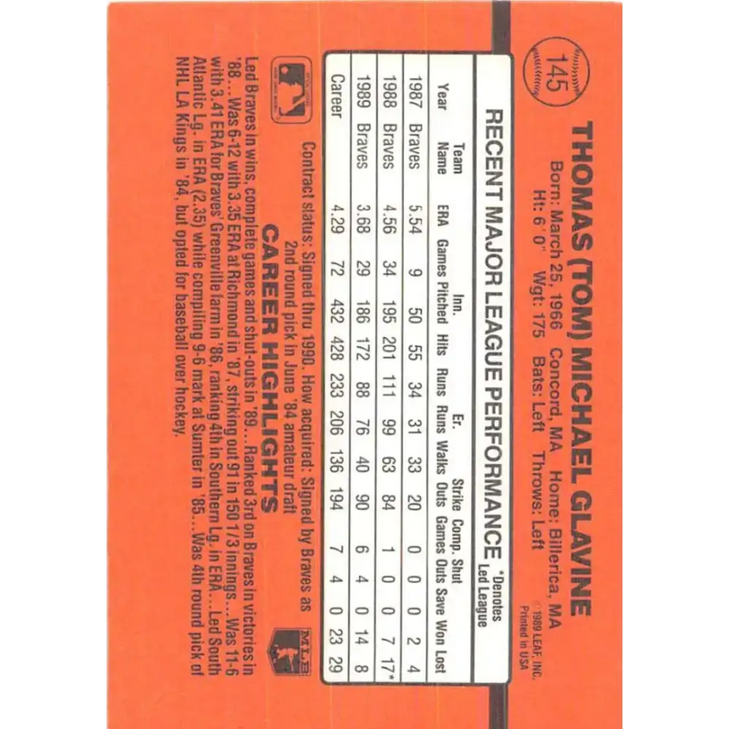 1990 Donruss #145 Tom Glavine VG-EX Atlanta Braves Baseball Card - Baseball Card Single