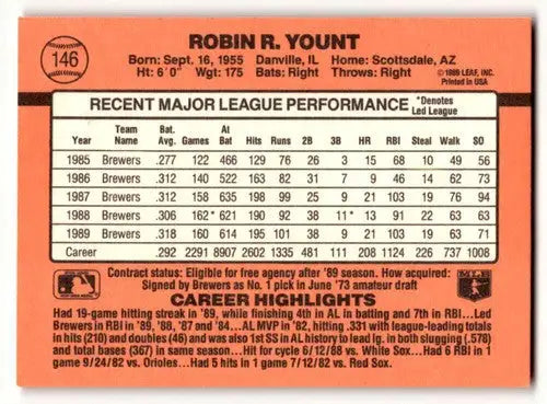 Original gloss 1990 Donruss Robin Yount Milwaukee Brewers baseball card image