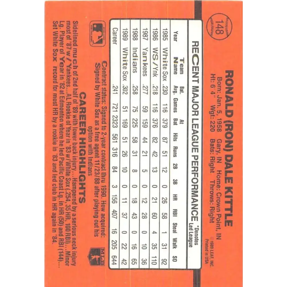 1990 Donruss #148 Ron Kittle VG-EX Chicago White Sox Baseball Card - Baseball Card Single