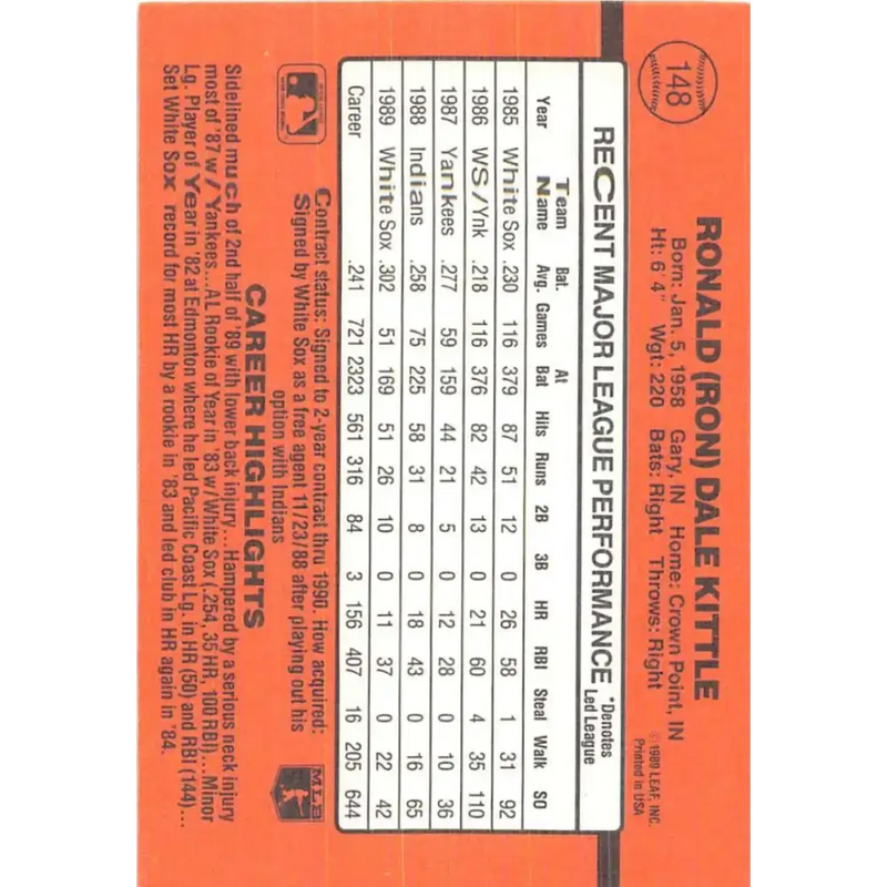1990 Donruss #148 Ron Kittle VG-EX Chicago White Sox Baseball Card - Baseball Card Single