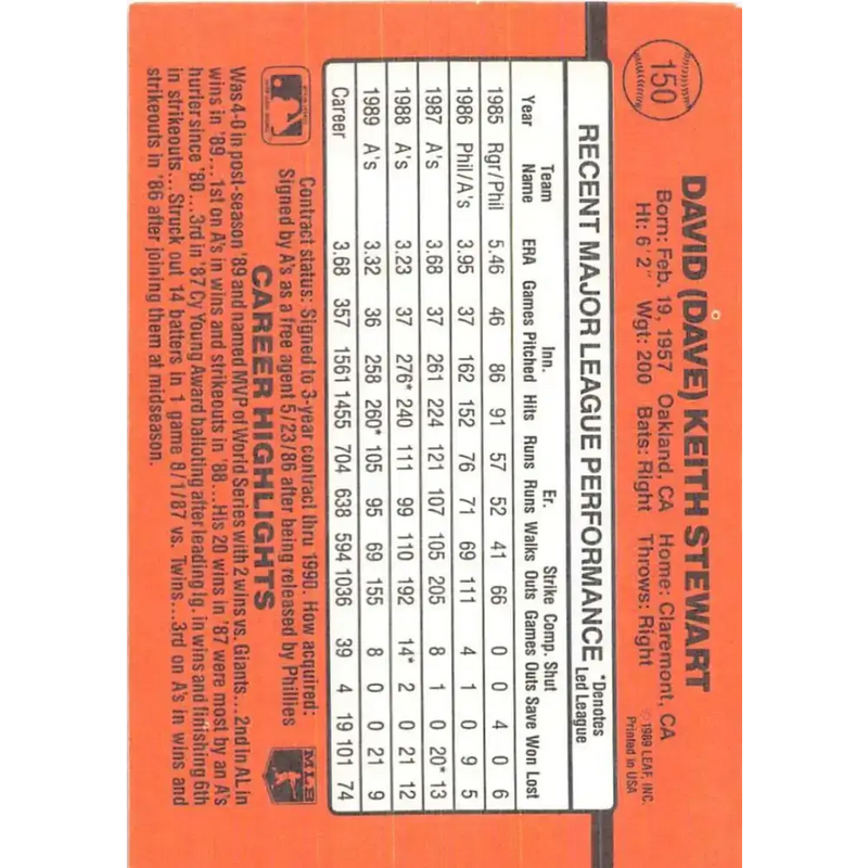 1990 Donruss #150 Dave Stewart VG-EX Oakland Athletics Baseball Card - Baseball Card Single