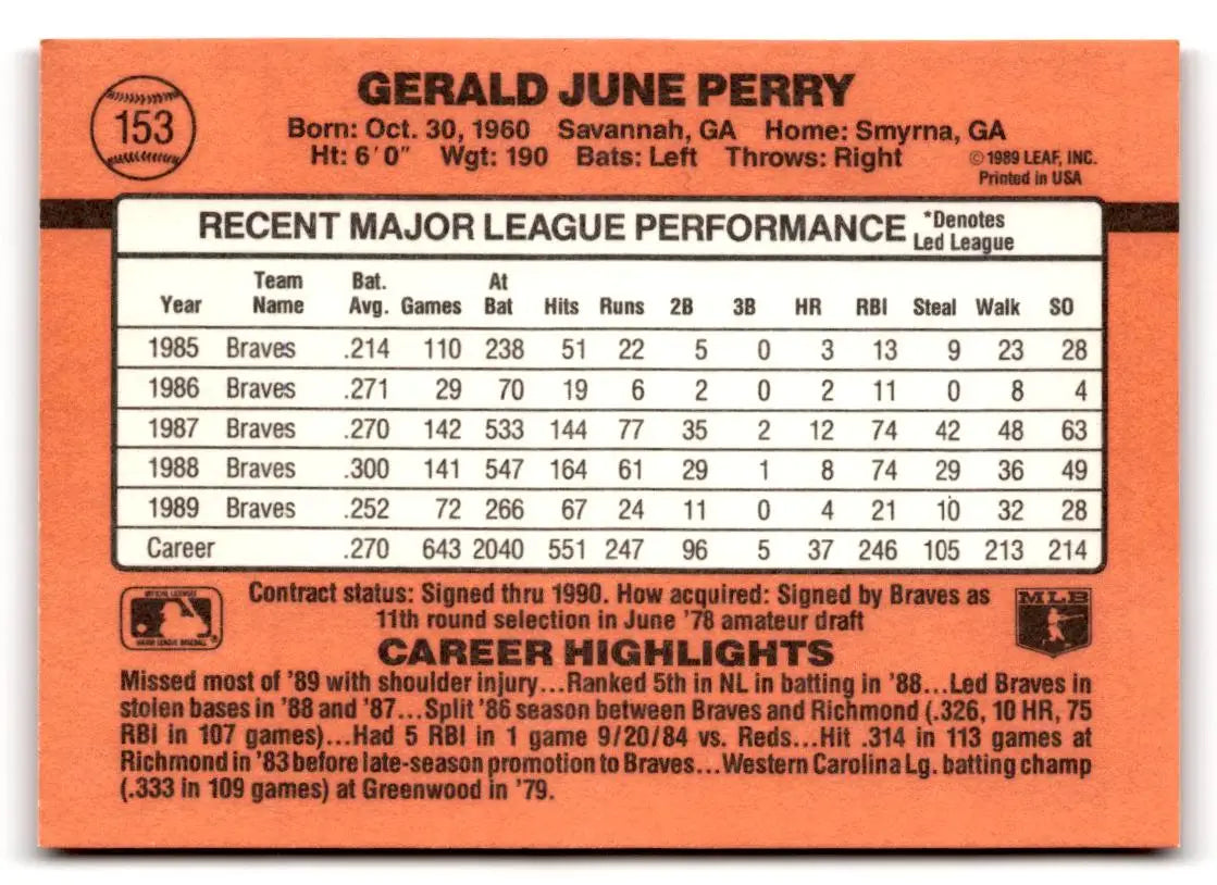 1990 Donruss #153 Gerald Perry - Baseball Card Single
