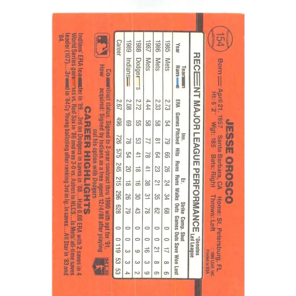 1990 Donruss #154 Jesse Orosco VG-EX Cleveland Indians Baseball Card - Baseball Card Single