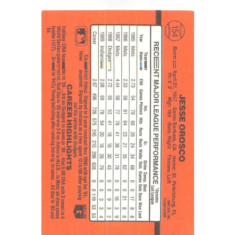 1990 Donruss #154 Jesse Orosco VG-EX Cleveland Indians Baseball Card - Baseball Card Single