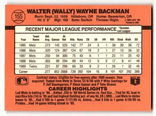 1990 Donruss #155 Wally Backman Minnesota Twins Baseball Cards EX/NM ID:57600 - Baseball Card Single
