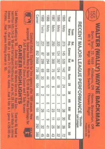 1990 Donruss #155 Wally Backman NM-MT Twins - Baseball Card Single