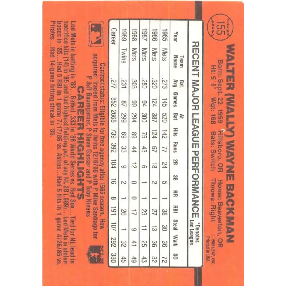 1990 Donruss #155 Wally Backman VG-EX Minnesota Twins Baseball Card - Baseball Card Single