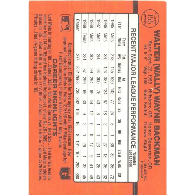 1990 Donruss #155 Wally Backman VG-EX Minnesota Twins Baseball Card - Baseball Card Single