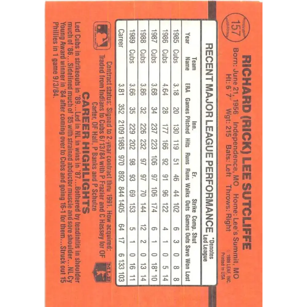 1990 Donruss #157 Rick Sutcliffe VG-EX Chicago Cubs Baseball Card - Baseball Card Single