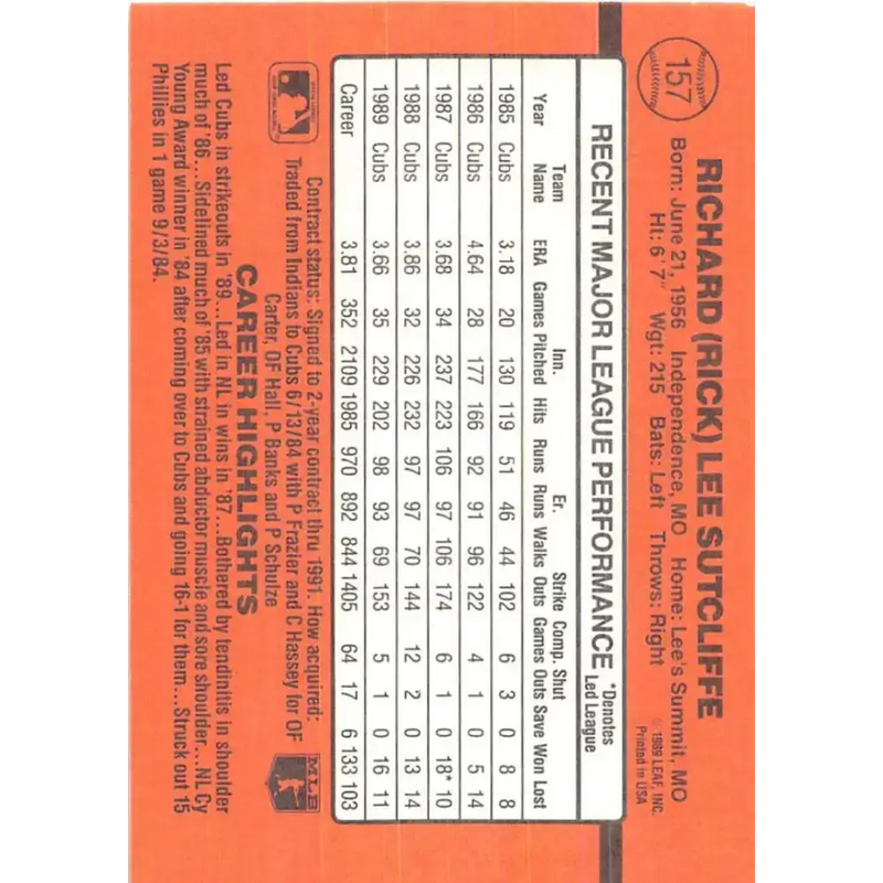 1990 Donruss #157 Rick Sutcliffe VG-EX Chicago Cubs Baseball Card - Baseball Card Single