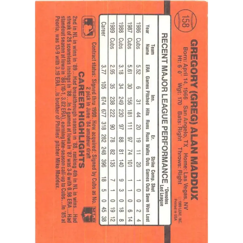 1990 Donruss #158 Greg Maddux VG-EX Chicago Cubs Baseball Card - Baseball Card Single