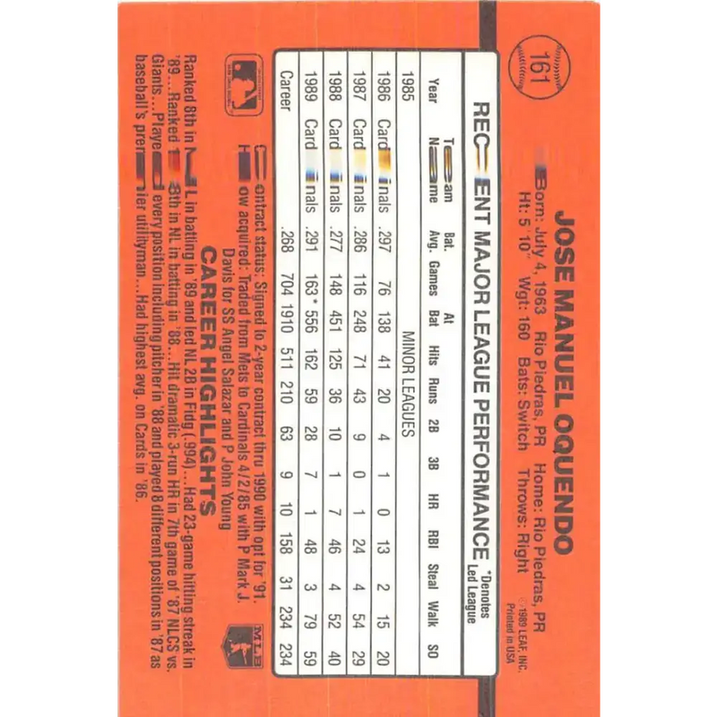 1990 Donruss #161 Jose Oquendo VG-EX St. Louis Cardinals Baseball Card - Baseball Card Single