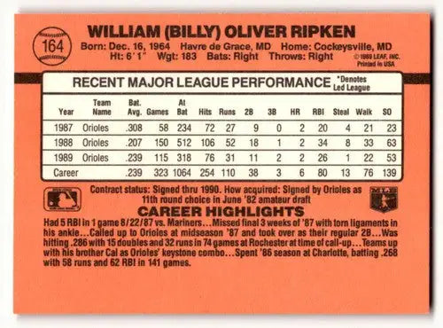 1990 Donruss #164 Billy Ripken Baltimore Orioles Baseball Cards EX/N ID:57577 - Baseball Card Single