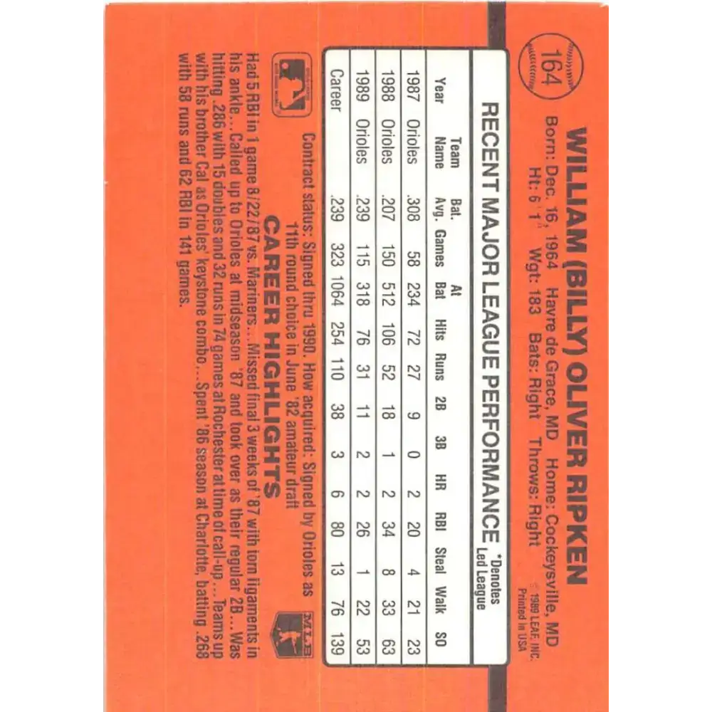 1990 Donruss #164 Billy Ripken VG-EX Baltimore Orioles Baseball Card - Baseball Card Single