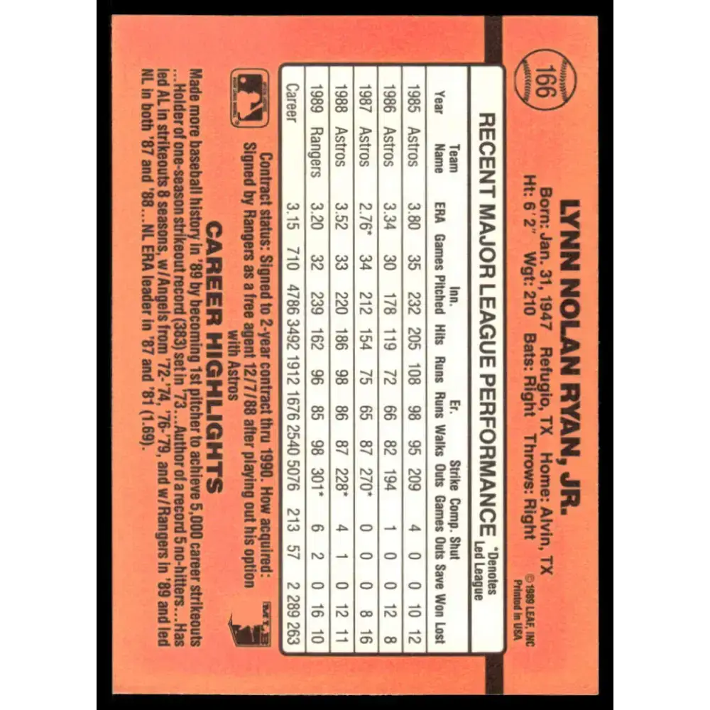 1990 Donruss #166 Nolan Ryan EX/NM Texas Rangers Baseball Card - Baseball Card Single