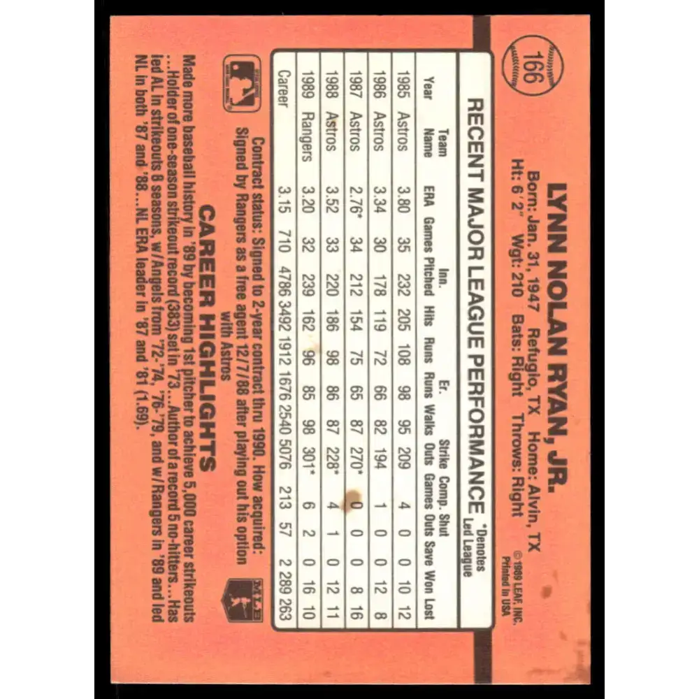 1990 Donruss #166 Nolan Ryan EX/NM Texas Rangers Baseball Card - Baseball Card Single