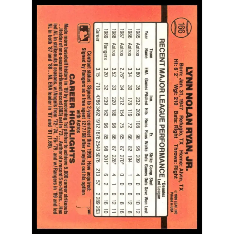 1990 Donruss #166 Nolan Ryan EX/NM Texas Rangers Baseball Card - Baseball Card Single