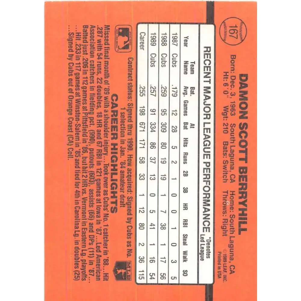 1990 Donruss #167 Damon Berryhill VG-EX Chicago Cubs Baseball Card - Baseball Card Single