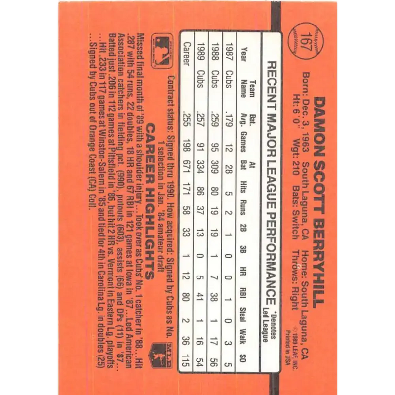 1990 Donruss #167 Damon Berryhill VG-EX Chicago Cubs Baseball Card - Baseball Card Single