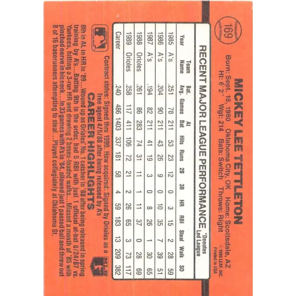 1990 Donruss #169 Mickey Tettleton VG-EX Baltimore Orioles Baseball Card - Baseball Card Single