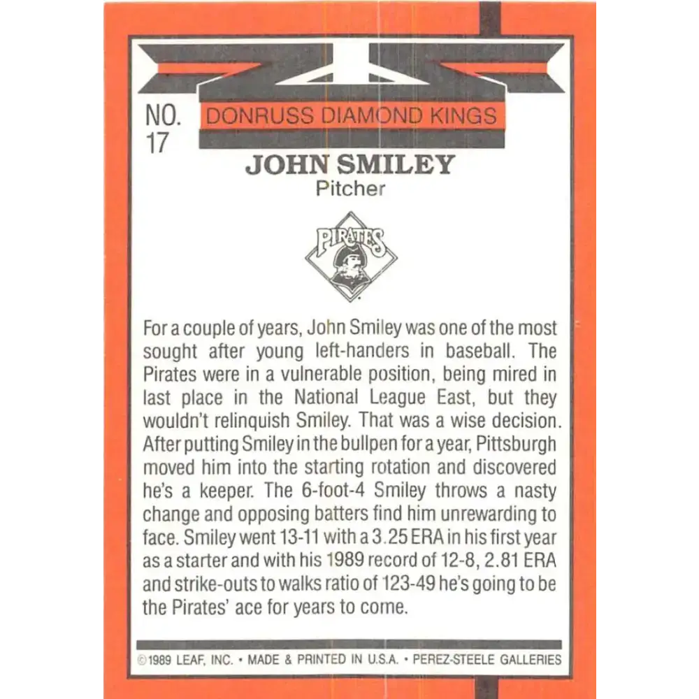 1990 Donruss #17 John Smiley DK VG-EX Pittsburgh Pirates Baseball Card - Baseball Card Single