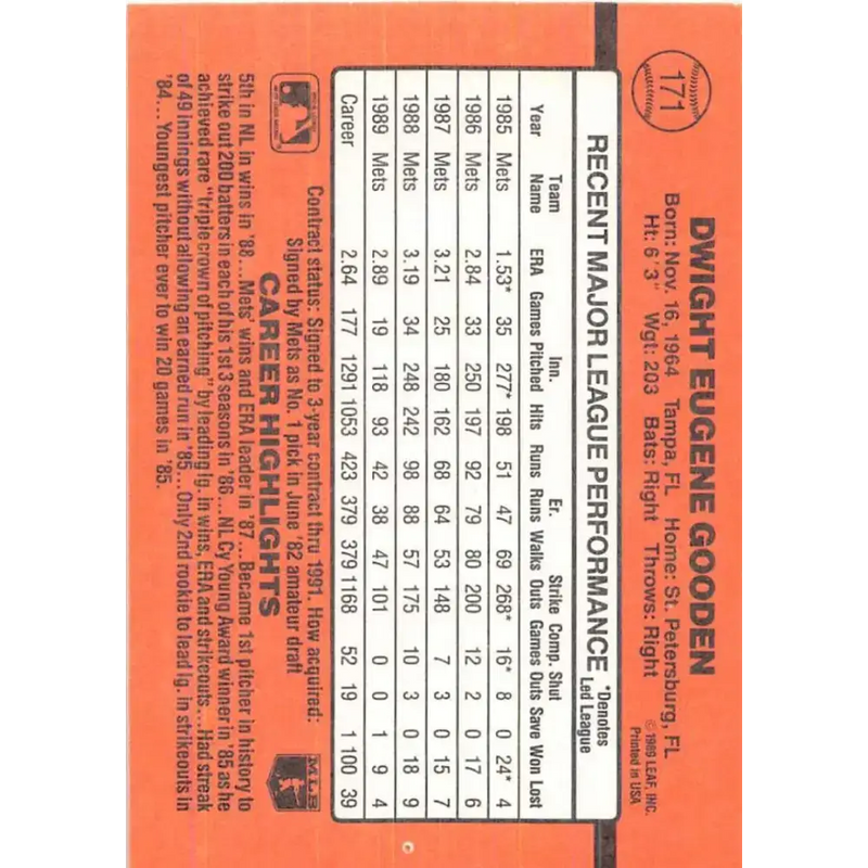 1990 Donruss #171 Dwight Gooden VG-EX New York Mets Baseball Card - Baseball Card Single