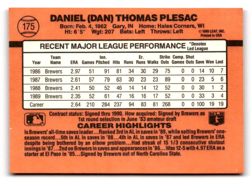 1990 Donruss #175 Dan Plesac - Baseball Card Single