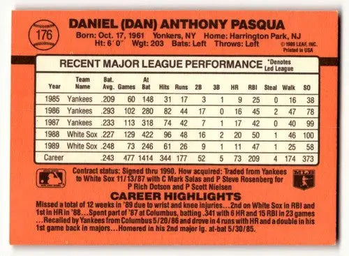 Original gloss Dan Pasqua Chicago White Sox baseball card from 1990 Donruss series