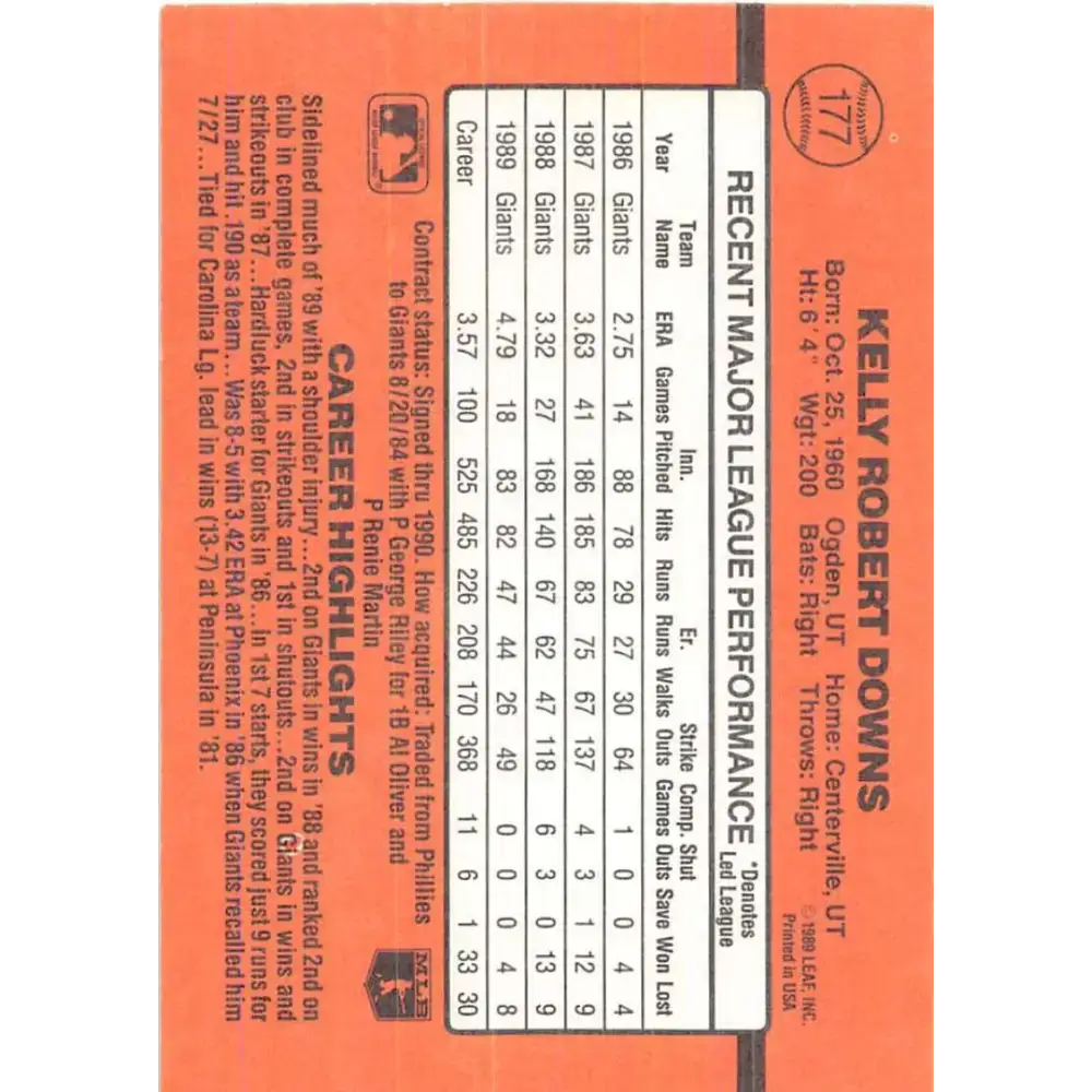 1990 Donruss #177 Kelly Downs VG-EX San Francisco Giants Baseball Card - Baseball Card Single