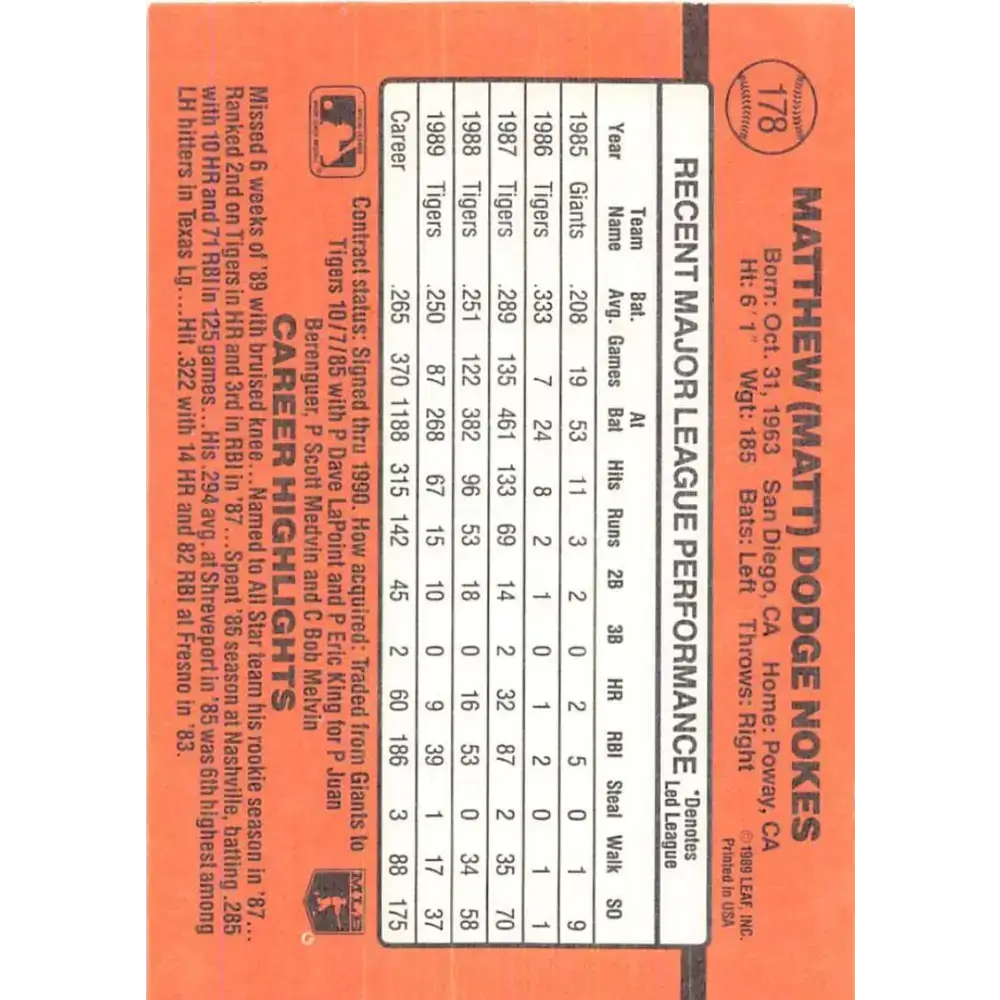 1990 Donruss #178 Matt Nokes VG-EX Detroit Tigers Baseball Card - Baseball Card Single