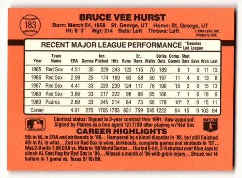 1990 Donruss #183 Bruce Hurst San Diego Padres Baseball Cards EX/NM ID:56194 - Baseball Card Single