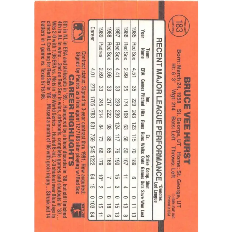 1990 Donruss #183 Bruce Hurst VG-EX San Diego Padres Baseball Card - Baseball Card Single