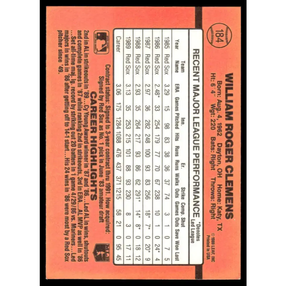 1990 Donruss #184 Roger Clemens EX/NM Boston Red Sox Baseball Card - Baseball Card Single
