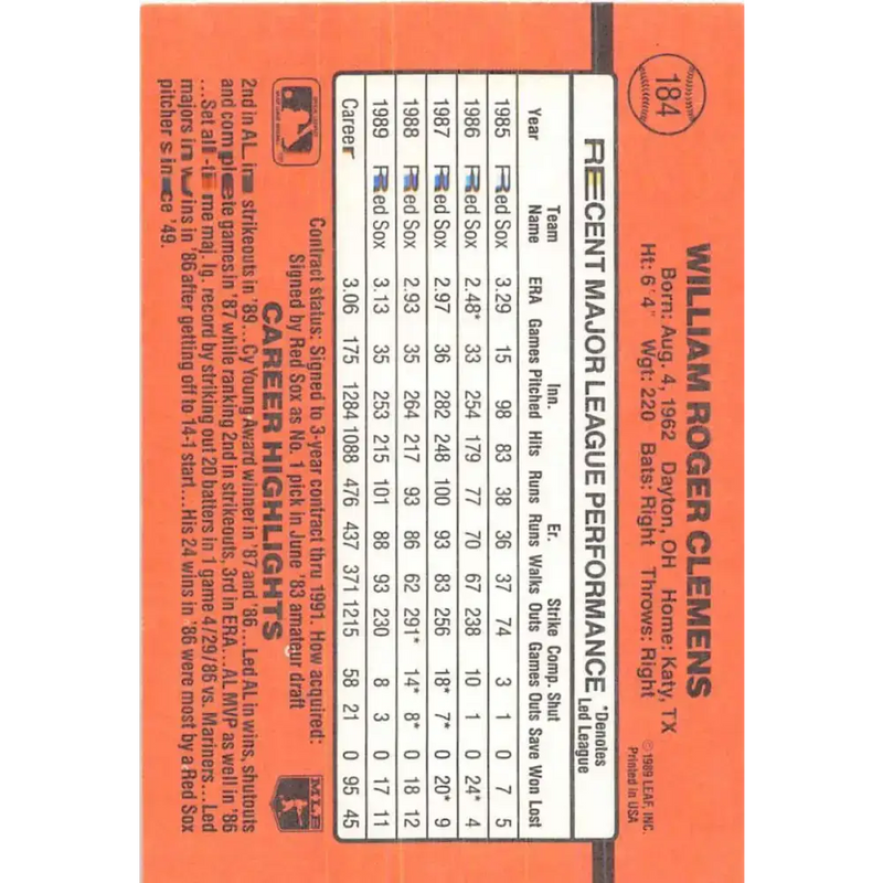 1990 Donruss #184 Roger Clemens VG-EX Boston Red Sox Baseball Card - Baseball Card Single