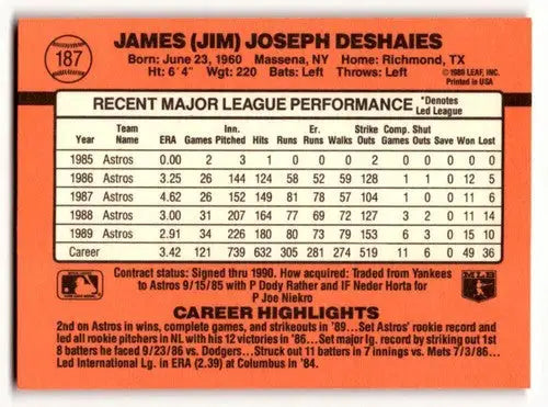 Image of the back of 1990 Donruss #187 Jim Deshaies Houston Astros baseball card with original gloss