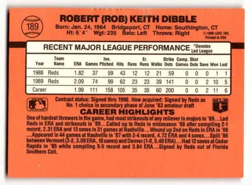 Image of 1990 Donruss Rob Dibble Cincinnati Reds baseball card back with original gloss
