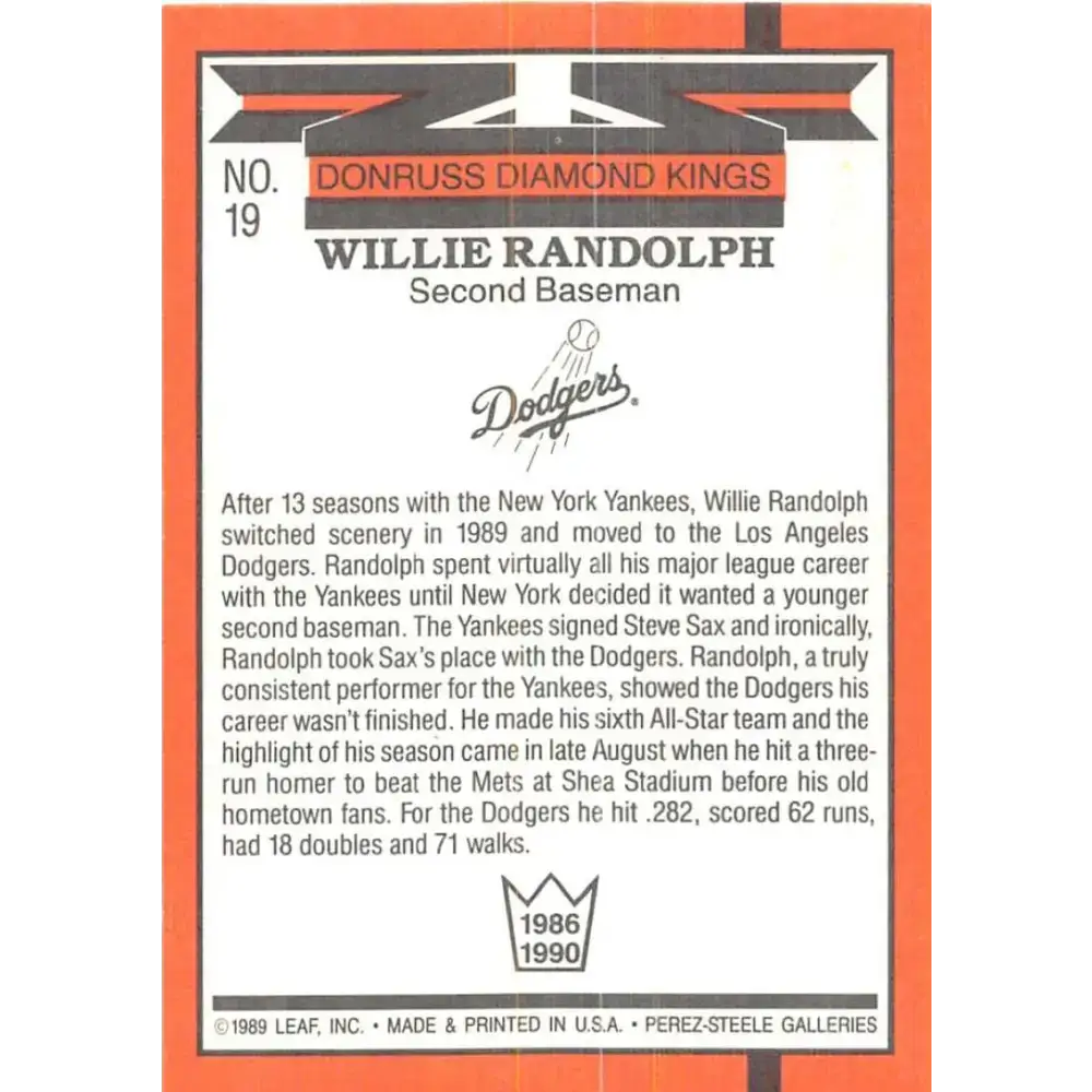1990 Donruss #19 Willie Randolph DK VG-EX Los Angeles Dodgers Baseball Card - Baseball Card Single