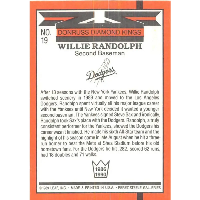 1990 Donruss #19 Willie Randolph DK VG-EX Los Angeles Dodgers Baseball Card - Baseball Card Single