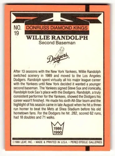1990 Donruss #19 Willie Randolph Los Angeles Dodgers Baseball Cards ID:54669 - Baseball Card Single