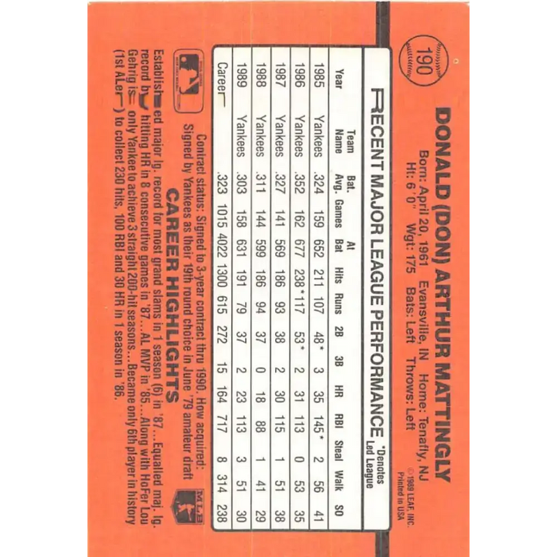 1990 Donruss #190 Don Mattingly VG-EX New York Yankees Baseball Card - Baseball Card Single